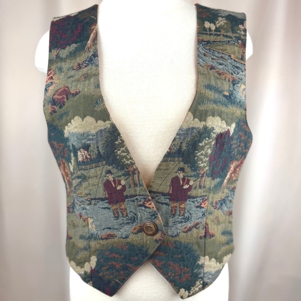 Vintage|Sharon Young|Womens Tapestry Fishing Vest|L|Button Lined Cabincore Gorp